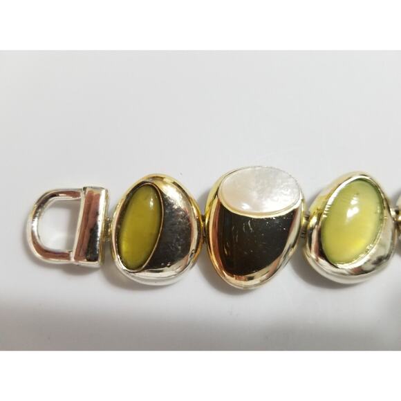 Seven inch silvertone bracelet with inlay stones green yellow b45 - Picture 5 of 11